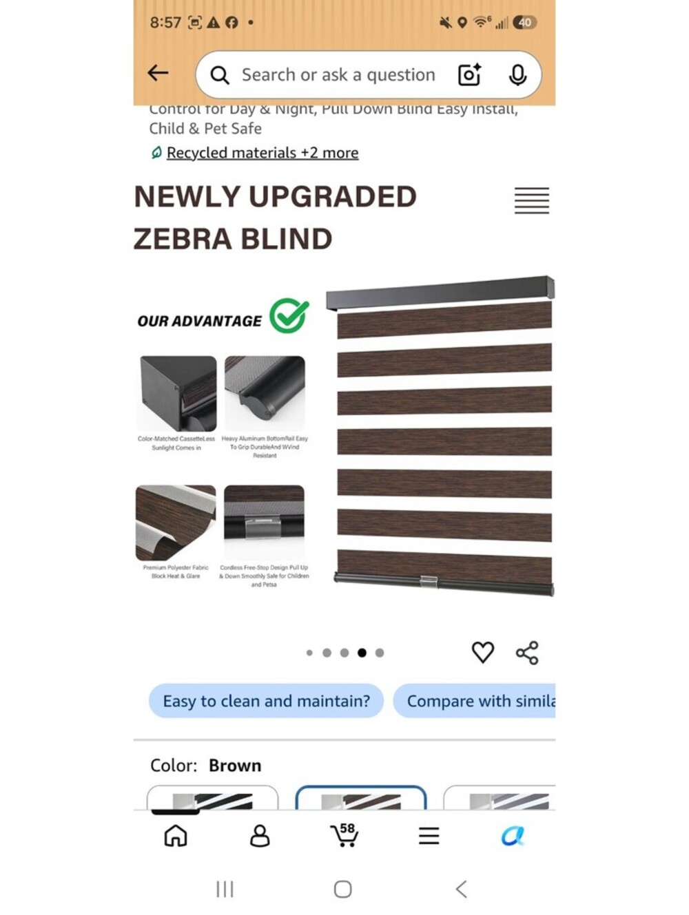 AOSKY Cordless Zebra Blinds for Indoor Windows, 39" W x 72" H, Brown
